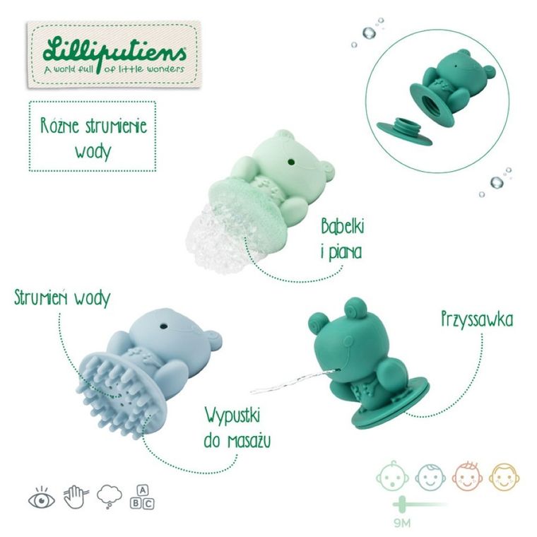 Lilliputiens, zestaw 3 zabawek do kąpieli, sensoryczne żabki, 9m+