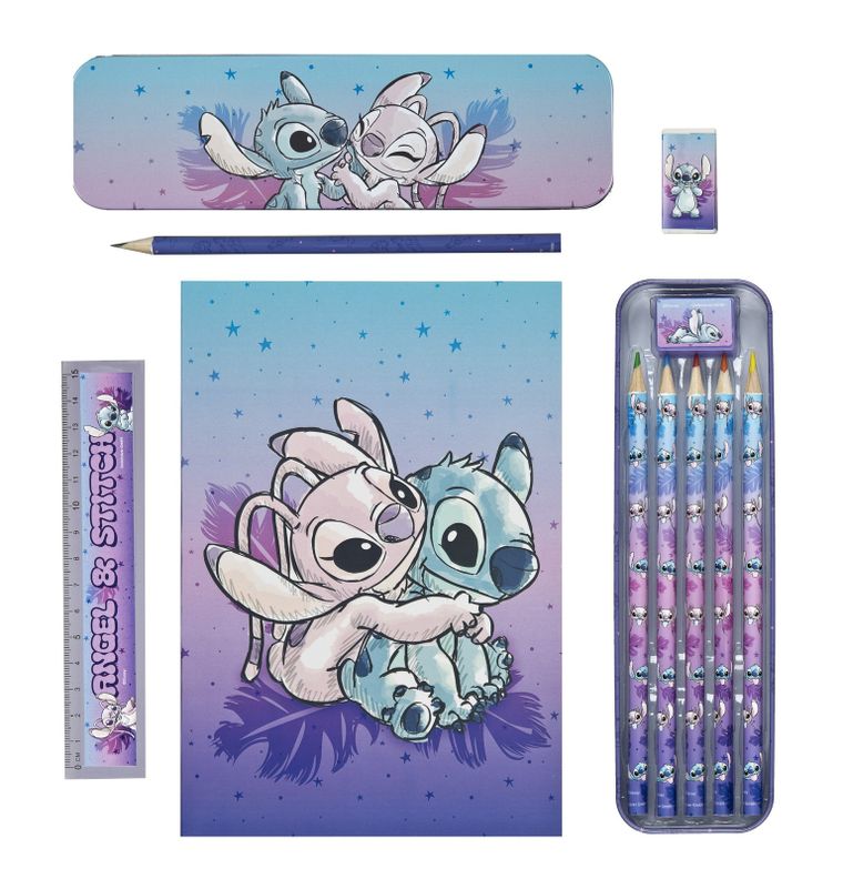 Lilo i Stitch, zestaw szkolny z notatnikiem, metalowym piórnikiem, kredkami, ołówkiem, linijką, 11 elementów