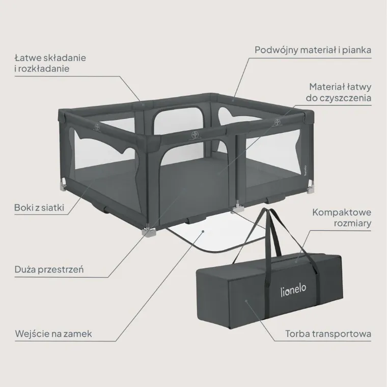 Lionelo, Florence, kojec dla dzieci, Easy Fold, grey graphite