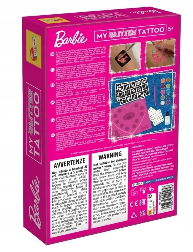Lisciani, Barbie, My Glitter Tattoo, brokatowe tatuaże, zestaw kreatywny