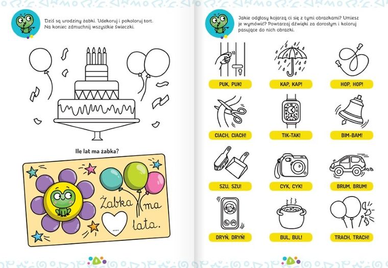 Logo zabawy przedszkolaka. Do powtarzania i kolorowania z żabką