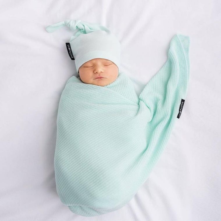 LullaLove, dziergany otulacz i kocyk bambusowy, elastyczna mgiełka, mięta, 90-90 cm