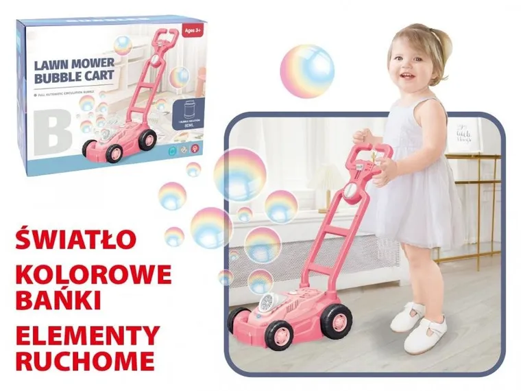 Madej, kosiarka na bańki mydlane, pchacz, różowa