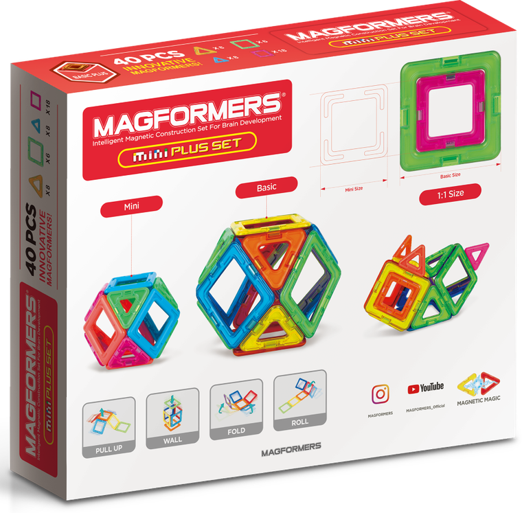 Magformers, Basic Plus, Mini Plus Set, klocki magnetyczne, 40 elementów