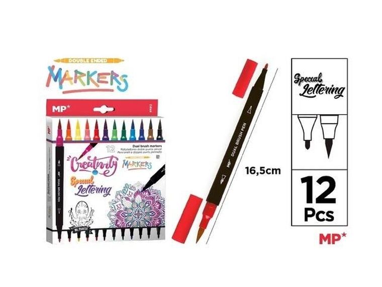 Main Paper, markery dwustronne, pędzelkowe, 12 kolorów