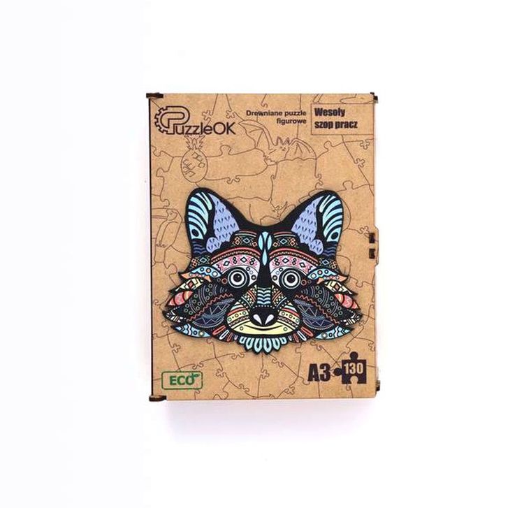 Maksik, puzzle drewniane, wesoły szop pracz, 130 elementów