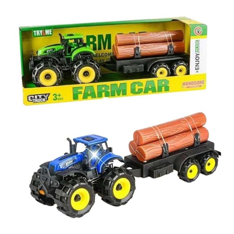 Maksik, traktor z przyczepą z drewnem, pojazd rolniczy