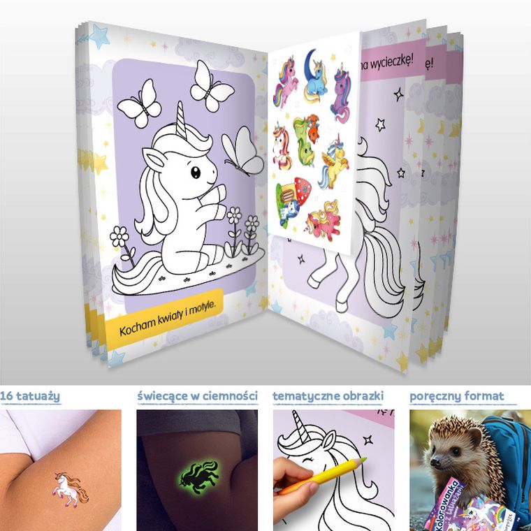 Małe jednorożce. Kolorowanka z tatuażami
