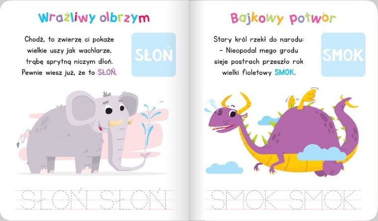 Maluszek pisze wyrazy. Odgadnij zagadki i przyklej naklejki