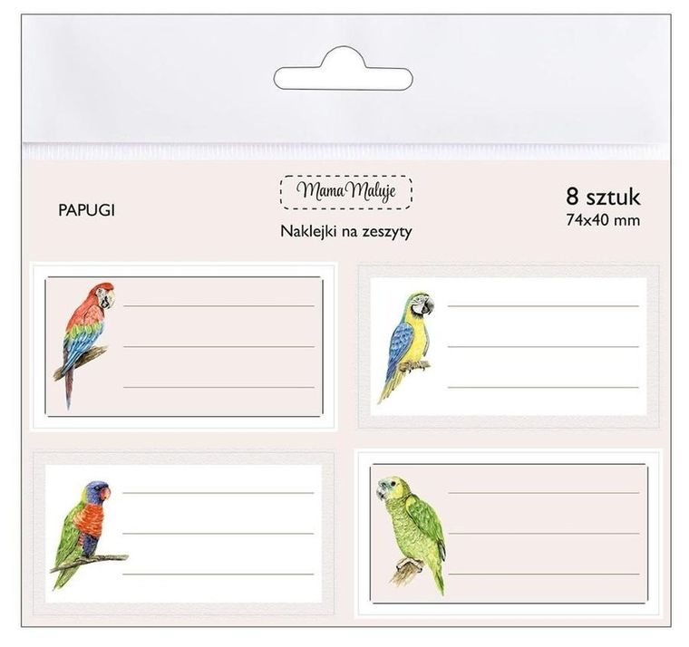 Mama Maluje, naklejki na zeszyty, papugi