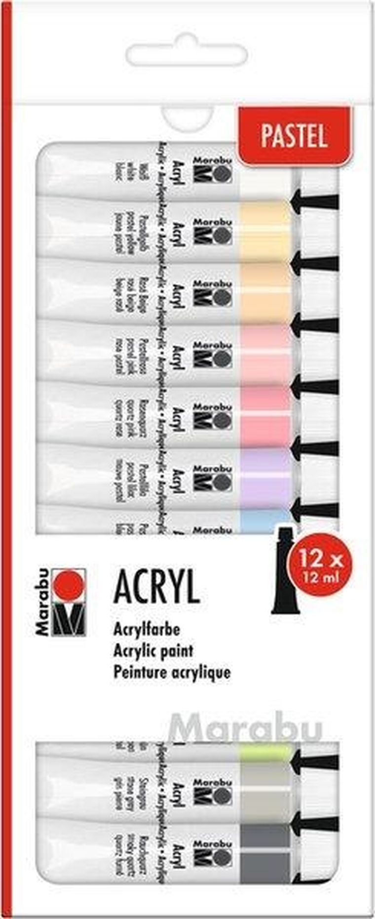 Marabu, farby akrylowe, pastelowe, 12 ml, 12 kolorów