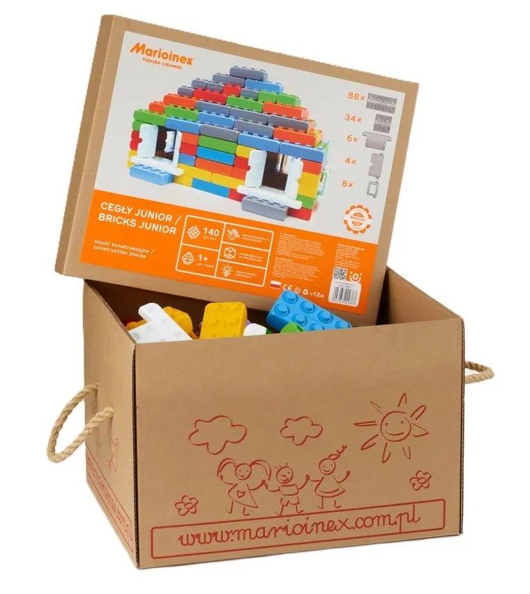 Marioinex, cegły junior, klocki XL z drzwiami i oknami, 140 elementów