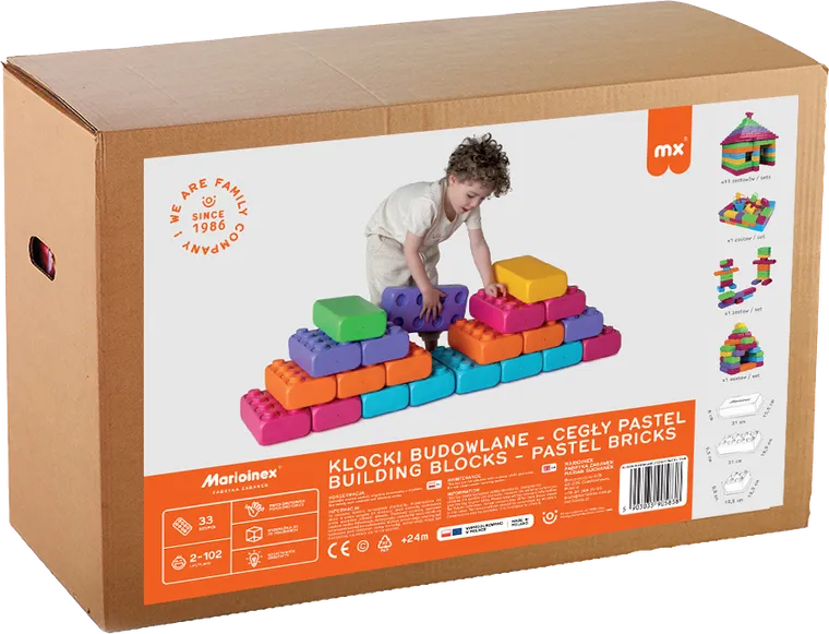 Marioinex, klocki budowlane, cegły, klocki XXL, pastelowe, 33 elementy