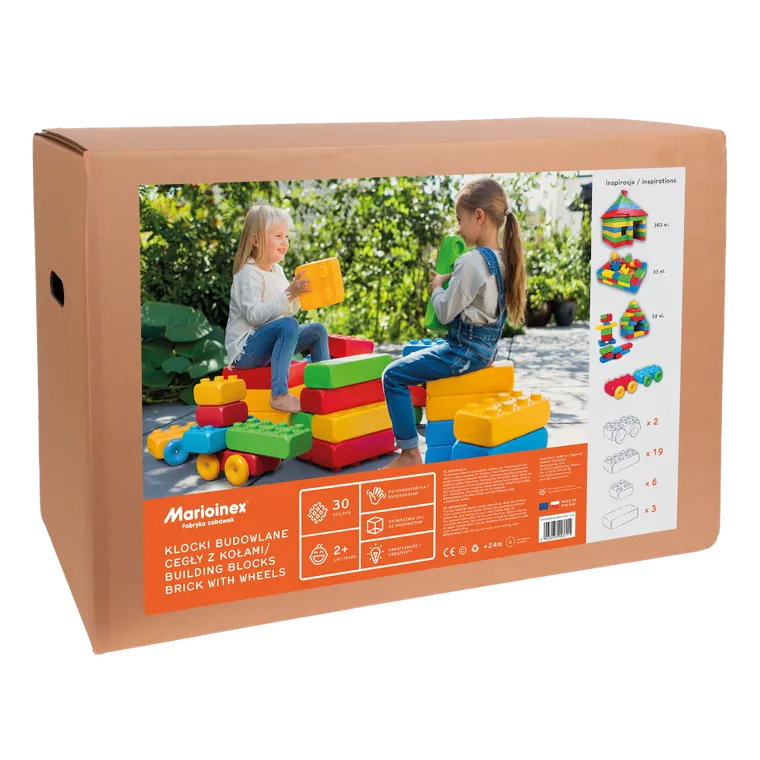 Marioinex, klocki budowlane, cegły z kołami, klocki XXL, 30 elementów