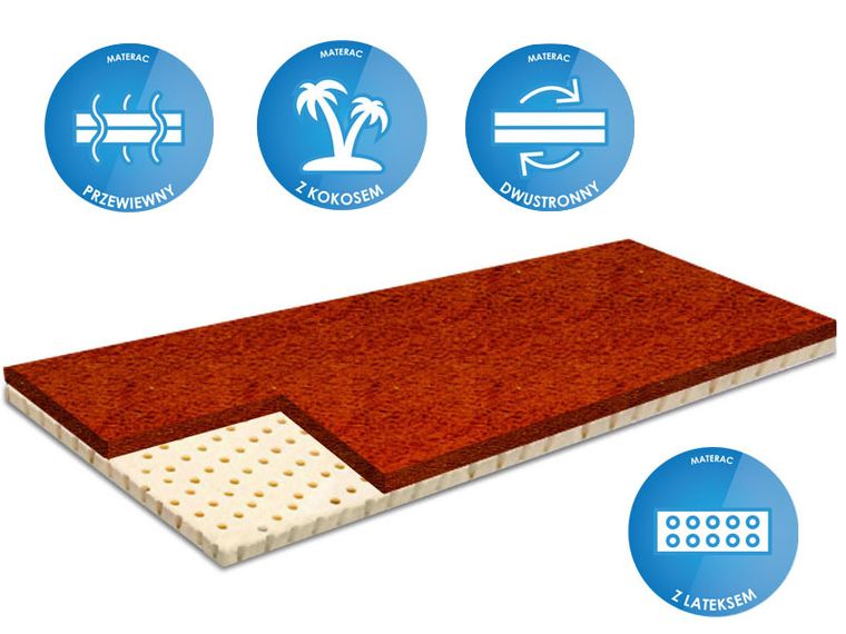 Materace z Gór, Top Lateks Kokos, materac odświeżający, nawierzchniowy, lateksowy, kokosowy, bez pokrowca, 80-120-4 cm