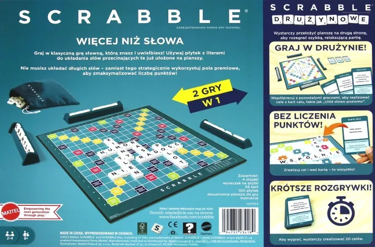 Mattel, Scrabble Klasyczne + Drużynowe, gra towarzyska 2w1