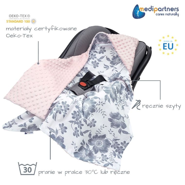 Medi Partners, Berry, otulacz do nosidełka z kapturkiem, minky, różowy, 85-85 cm