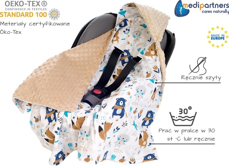 Medi Partners, Boho Animals, otulacz do nosidełka z kapturkiem, minky, beżowy, 85-85 cm