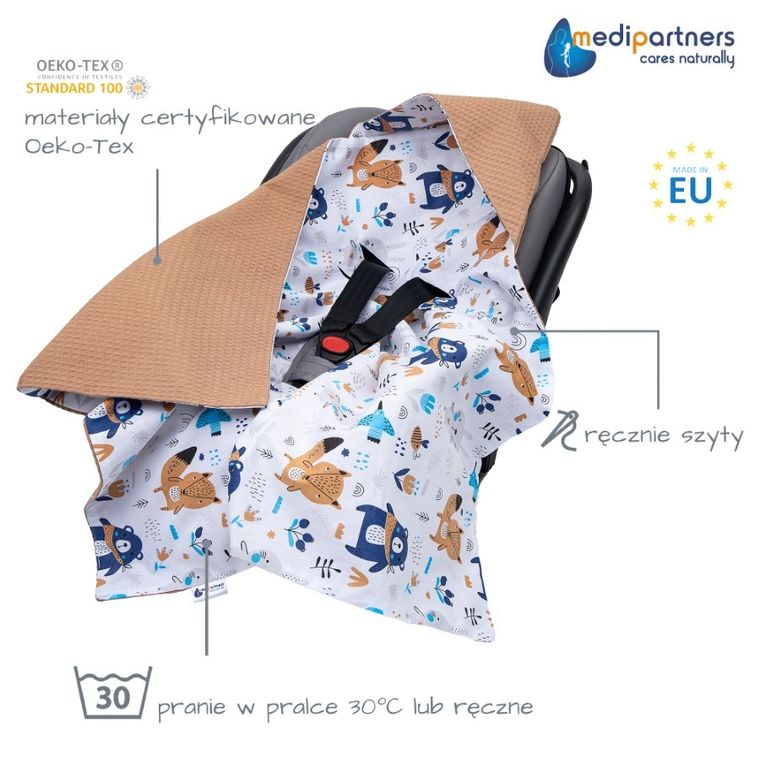 Medi Partners, Boho, otulacz do nosidełka, kocyk z kapturkiem, wafel, 85-85 cm