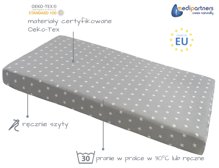 Medi Partners, Gwiazdki, prześcieradło z gumką, szare, 60-120 cm