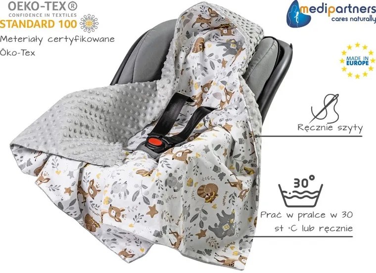 Medi Partners, Jelonki, otulacz do nosidełka z kapturkiem, minky, szary, 85-85 cm