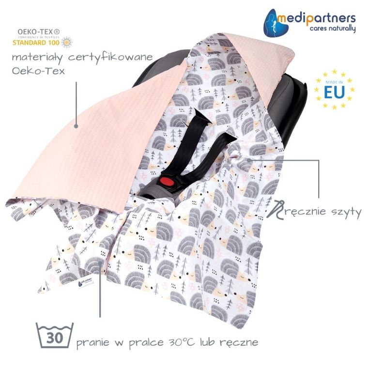 Medi Partners, Jeże, otulacz do nosidełka, kocyk z kapturkiem, wafel, róż, 85-85 cm