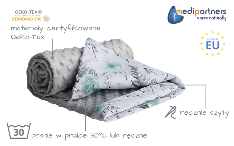 Medi Partners, Kwiaty, kocyk minky, błękit, 75-100 cm