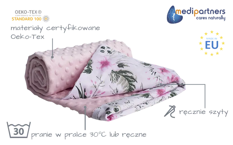 Medi Partners, Kwiaty, kocyk minky, róż, 75-100 cm