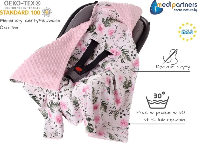 Medi Partners, Kwiaty, otulacz do nosidełka z kapturkiem, minky, różowy, 85-85 cm