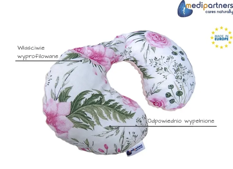 Medi Partners, Kwiaty, poduszka podróżna, rogal, różowa