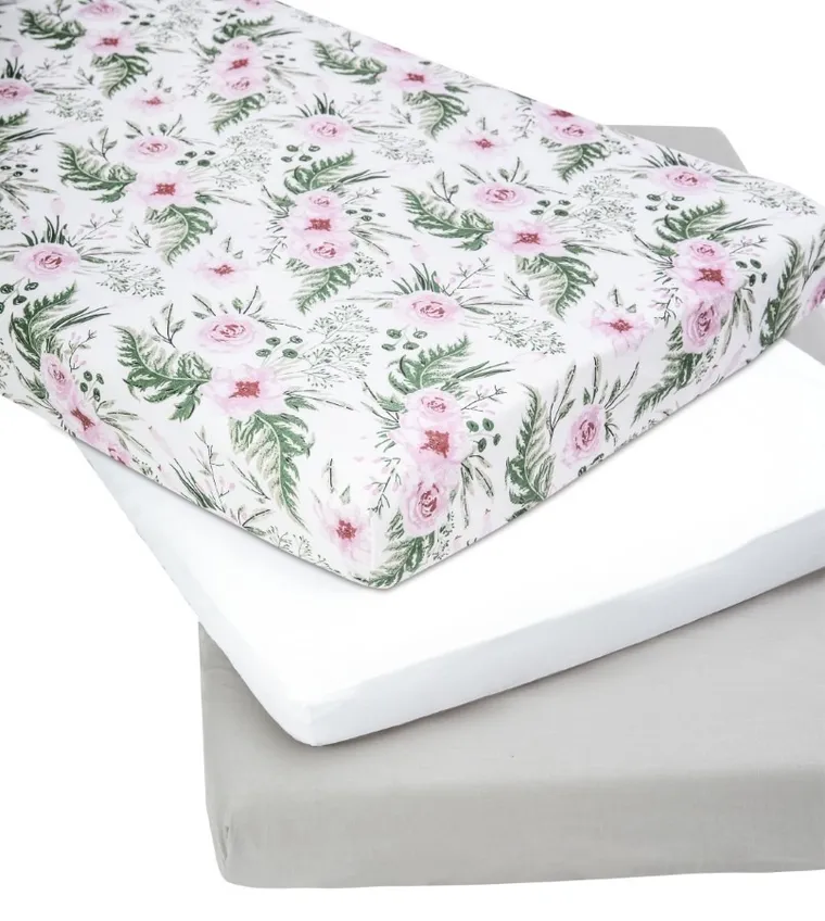 Medi Partners, Kwiaty, prześcieradło z gumką do łóżeczka, bawełniane, 120-60 cm, 3 szt.