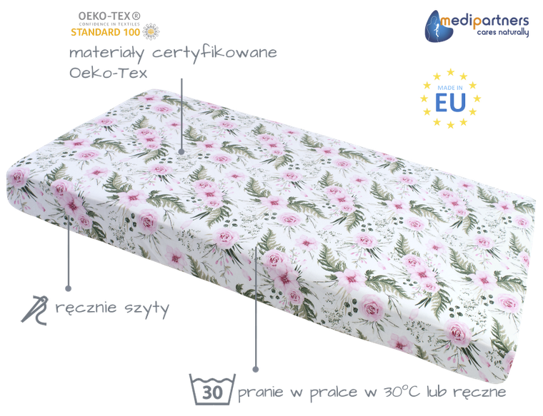 Medi Partners, Kwiaty, prześcieradło z gumką, róż, 60-120 cm