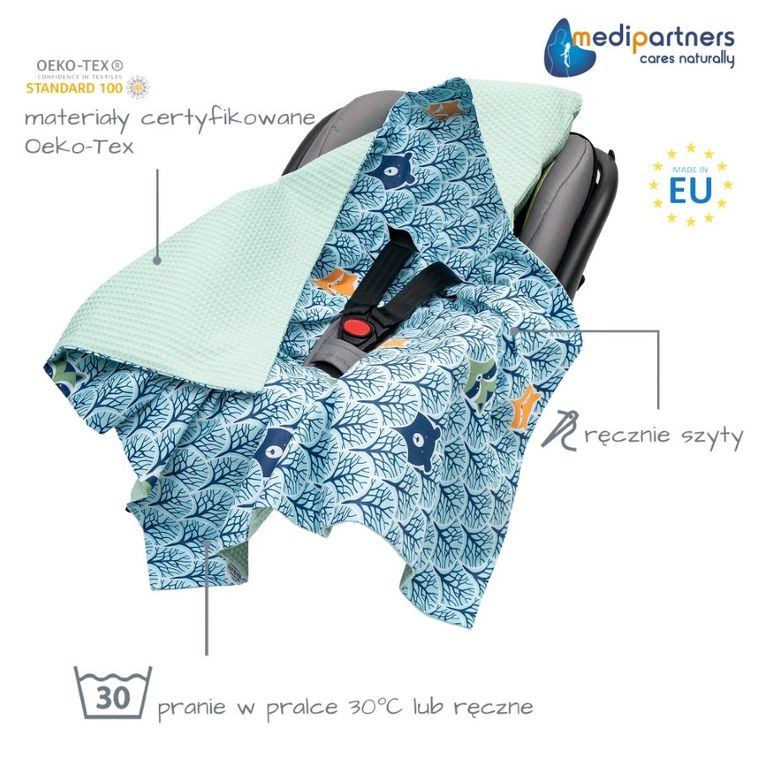 Medi Partners, Las, otulacz do nosidełka, kocyk z kapturkiem, wafel, 85-85 cm