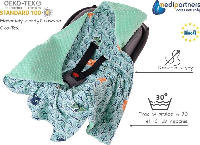 Medi Partners, Las, otulacz do nosidełka z kapturkiem, minky, miętowy, 85-85 cm