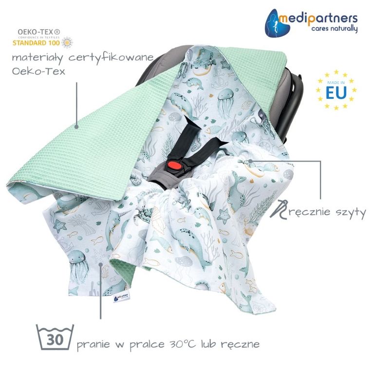 Medi Partners, Ocean, otulacz do nosidełka, kocyk z kapturkiem, wafel, 85-85 cm
