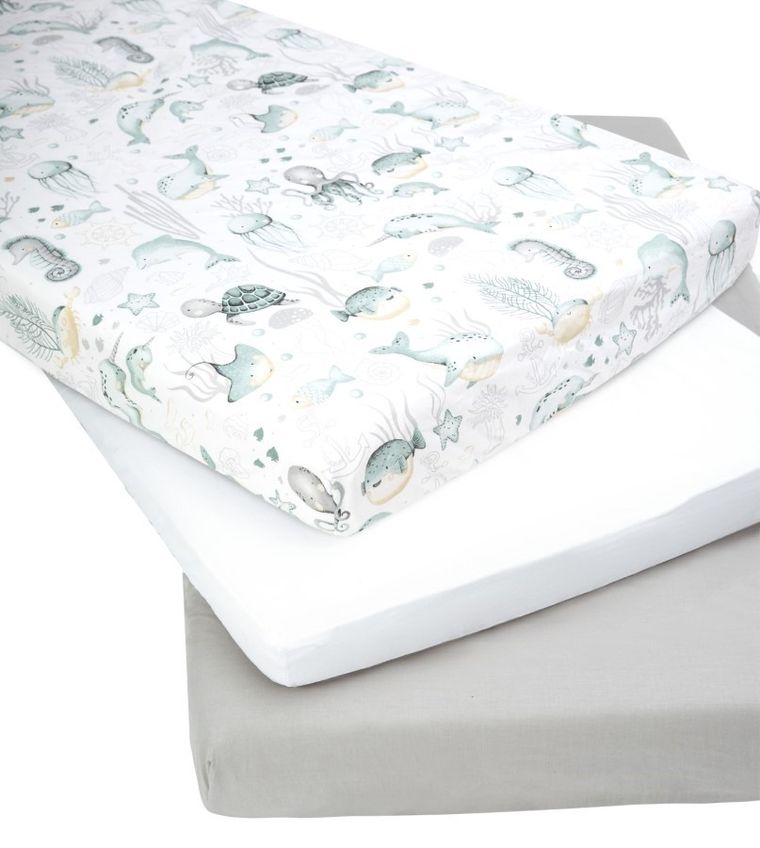 Medi Partners, Ocean, prześcieradło z gumką do łóżeczka, bawełniane, 120-60 cm, 3 szt.