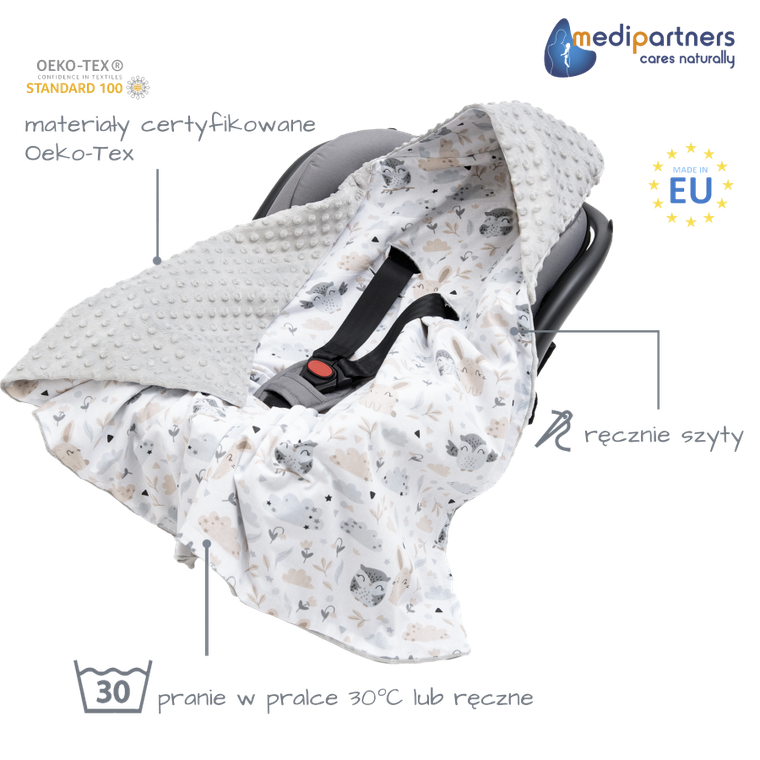 Medi Partners, Polana, otulacz do nosidełka z kapturkiem, minky, szary, 85-85 cm