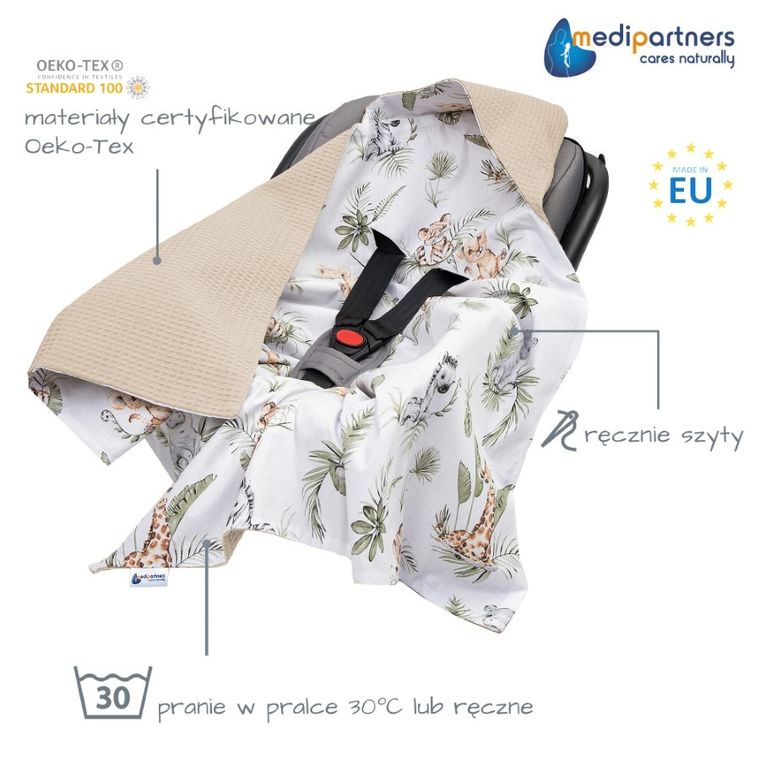 Medi Partners, Safari, otulacz do nosidełka, kocyk z kapturkiem, wafel, 85-85 cm