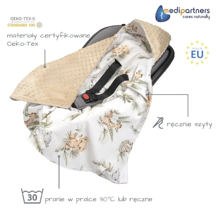 Medi Partners, Safari, otulacz do nosidełka z kapturkiem, minky, beżowy, 85-85 cm