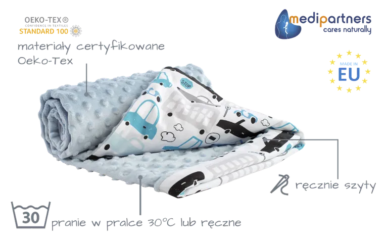 Medi Partners, Samochody, kocyk minky, jasnoniebieski, 75-100 cm