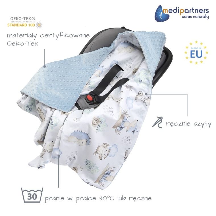 Medi Partners, Sarny, Jeż, otulacz do nosidełka z kapturkiem, minky, błękit, 85-85 cm