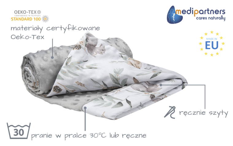 Medi Partners, Sarny, Liście, kocyk minky, szary, 75-100 cm