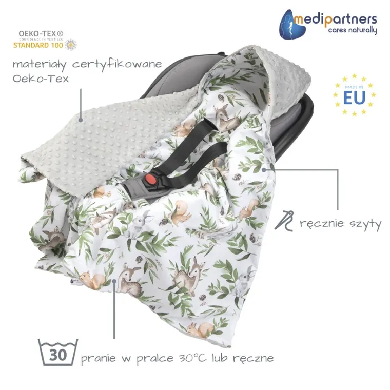 Medi Partners, Sarny, Liście, otulacz do nosidełka z kapturkiem, minky, szary, 85-85 cm
