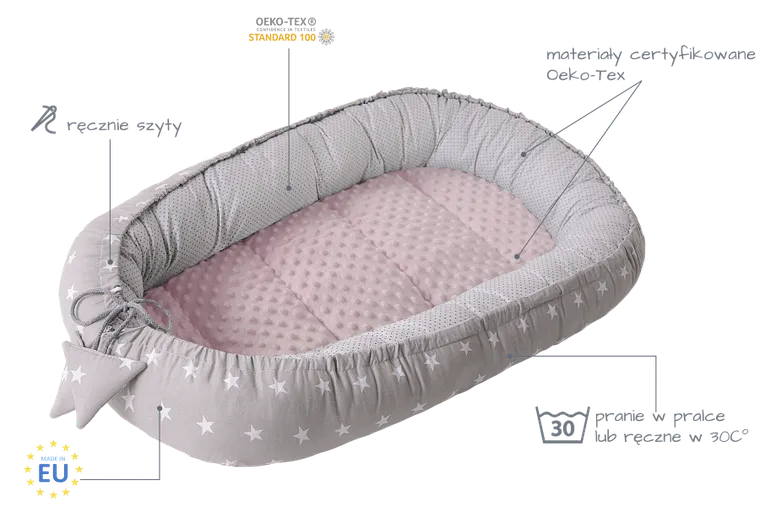 Medi Partners, Stars, gniazdo niemowlęce, kokon w zestawie, szary, jasnoróżowy