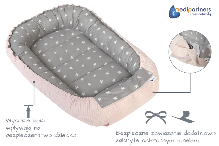 Medi Partners, Stars, gniazdo niemowlęce, kokon, wafel, szary, róż