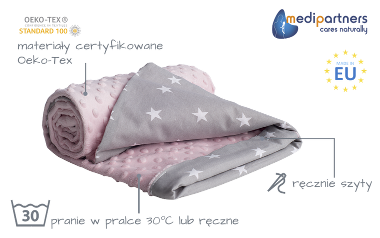 Medi Partners, Stars, kocyk minky, szary, jasny róż, 75-100 cm