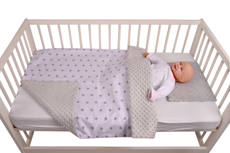 Medi Partners, Stars, kołderka z poduszką, minky, biała, szara, 75-100 cm