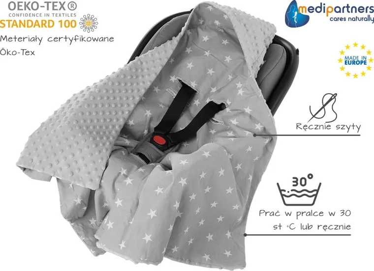 Medi Partners, Stars, otulacz do nosidełka z kapturkiem, minky, szary, 85-85 cm