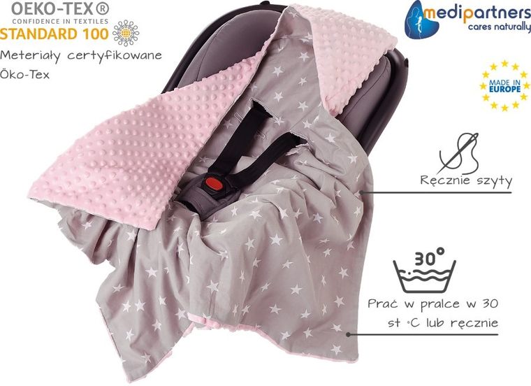 Medi Partners, Stars, otulacz do nosidełka z kapturkiem, minky, szary, jasny różowy, 85-85 cm