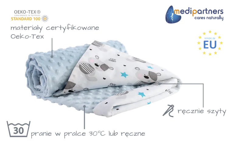 Medi Partners, Teddy, kocyk minky, błękit, 75-100 cm